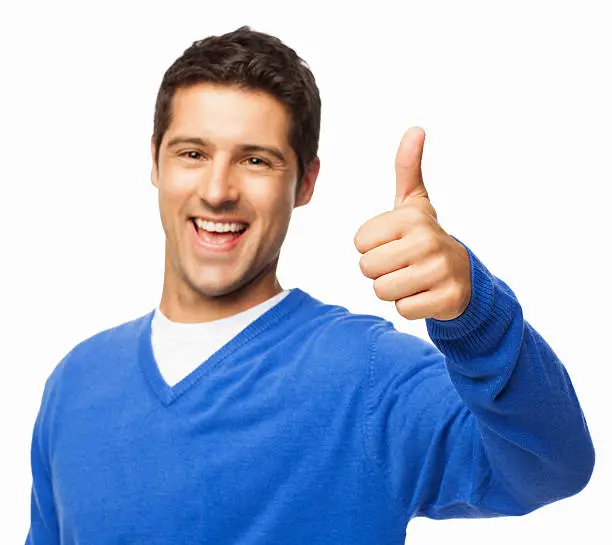 Portrait of a handsome young man gesturing thumbs up. Horizontal shot. Isolated on white.