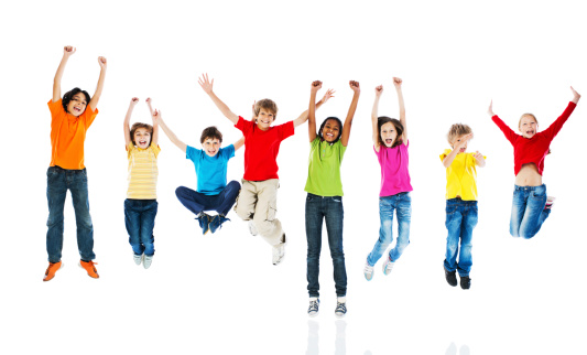 Large group of happy kids jumping with raised arms. They are isolated on white.