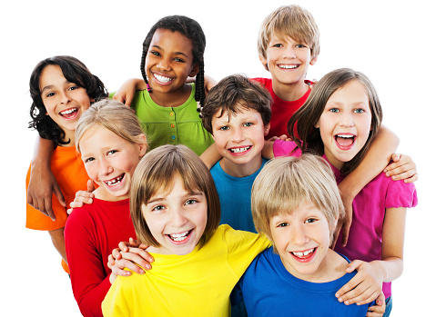 Group of children is looking at camera. They are isolated on white.