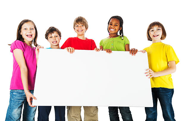 istock Group of kids holding a big white board. 175441044