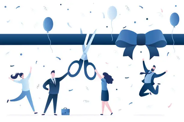 Vector illustration of Ribbon cutting ceremony, entrepreneurs uses giant scissors. Business people starting business project, launching new product, grand opening event. Startup launching. Horizontal banner.