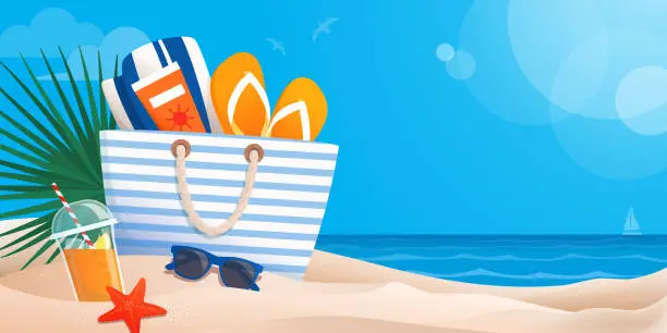 Vector illustration of Beach bag with accessories on the sand and seascape