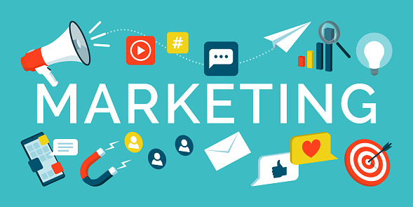 Marketing text surrounded by icons: promotion, communication and social media concept