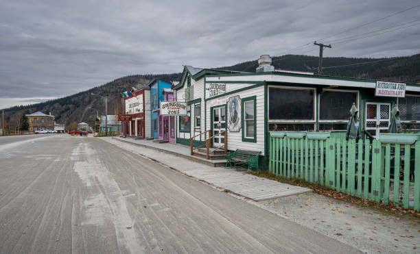 Dawson City, Yukon, Canada – October 05, 2023:  Exterior of Sourdough Joe’s Restaurant on Front Street