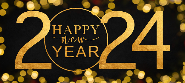 HAPPY NEW YEAR 2024 - Festive silvester New Year's Eve Sylvester Party background greeting card - Year and text and golden bokeh lights in the dark black night