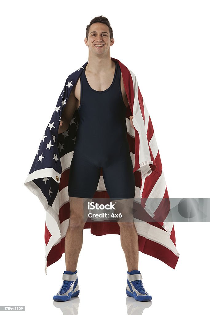 Happy wrestler with American flag Happy wrestler with American flaghttp://www.twodozendesign.info/i/1.png Rough Housing Stock Photo