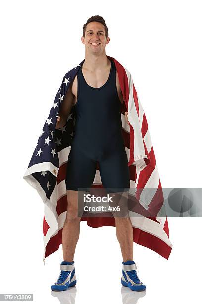 Happy Wrestler With American Flag Stock Photo - Download Image Now - Rough Housing, Wrestling, 20-29 Years