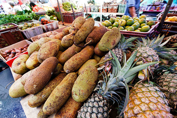 dorian fruits at kuching market - double_p stockfoto's en -beelden