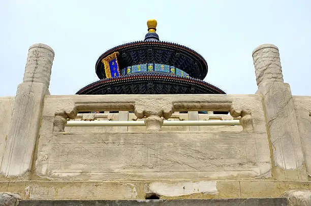 Beijing, China.  The Temple of Heaven (also called Tian Tar). This Hall of Prayer for Good Harvests is a triple-gabled circular building, 36 meters in diameter and 38 meters tall,  The building is completely wooden, with no nails.