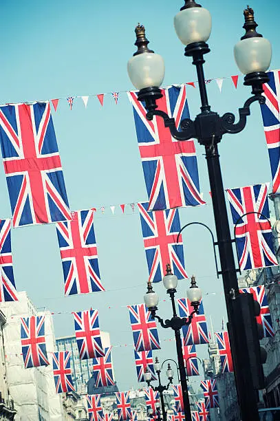 Central London street is decorated with Union Jack flags