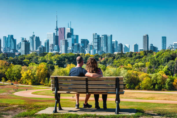 Toronto Skyline Couple Park Bench