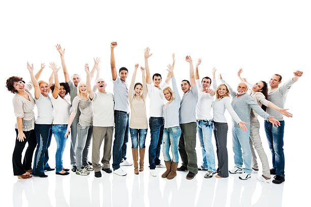 istock Large group of people standing together with raised arms. 175445392
