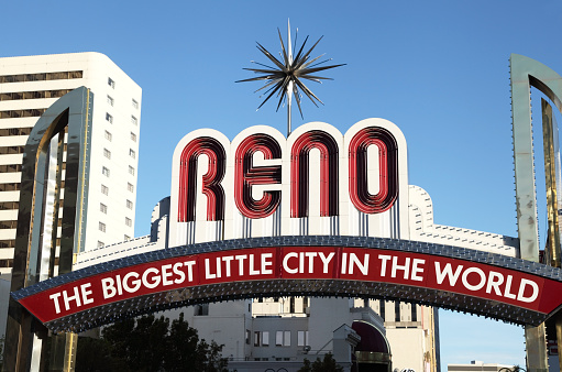 Reno, nevada welcome sign.Reno is a city in the US state of Nevada near Lake Tahoe. Known as \