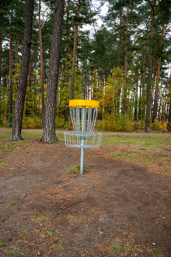 Disc golf target standing in big park in Kumla Sweden October 19 2023