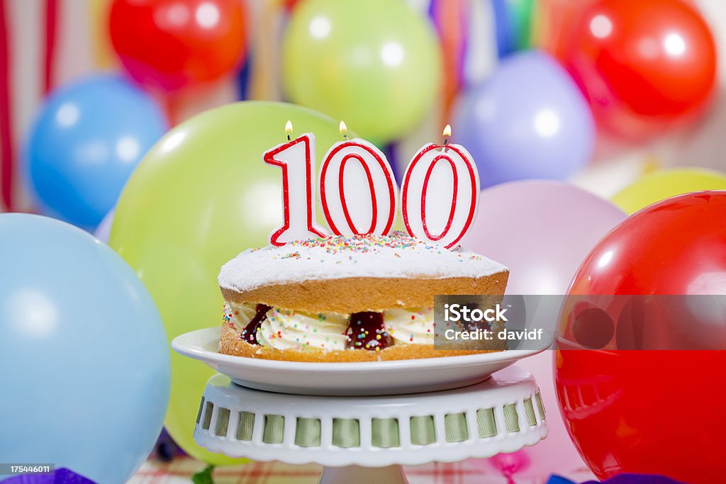 100th Birthday Cake Candles Cream filled sponge birthday cake with candles balloons and streams for a 100th birthday Number 100 Stock Photo