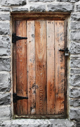 Wooden door in stone wall. Great background/border for your project