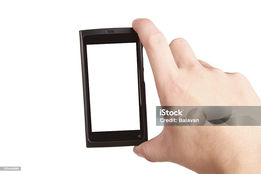 Рука держит пустой экран смартфона на белом фоне - Стоковые фото Белый фон роялти-фри