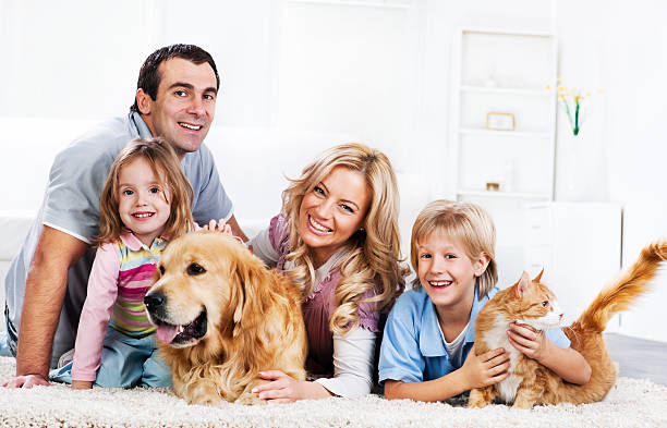 famille avec animaux assis sur le tapis - dog family indoors child photos et images de collection