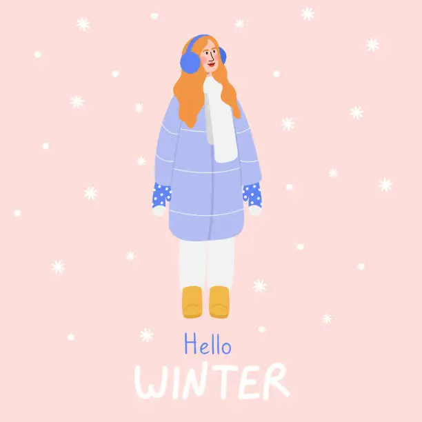 Vector illustration of Young woman in winter clothers. Falling snowflakes.Hello winter