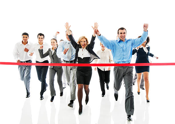 Finish line. Business people running to finish, crossing red line. Isolated on white background.   end of the line stock pictures, royalty-free photos & images