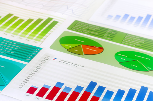 Close-up image of graphs and charts arranged for analysis.