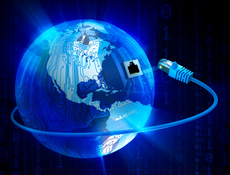 Connected world concept: Earth with circuits and ethernet cable____INSPECTOR____Earth map derived from here:http://visibleearth.nasa.gov/view.phpid=57735