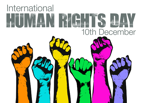 Human Rights Day message in a texture letterpress style. Human Rights, identity, Protest, Politics, Political Party, voting, Social Gathering, support, community, diversity,