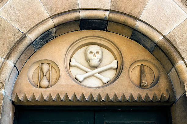 istock Old stone house sign with scull and cross bones 175448272