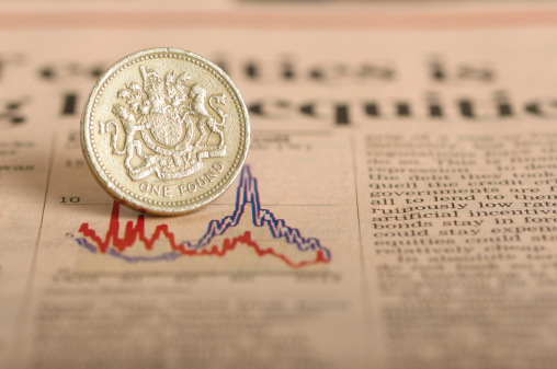 One English pound placed on a graph to represent an economic down turn