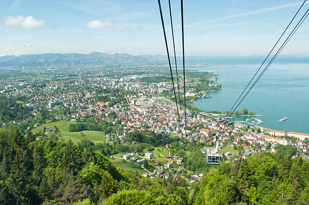 Aerial view from mountain Santis of beautiful Bregenz View over Bregenz and outer conurbation area / Austria from the Pfanderbahn - the mountain railway to the Pfander bodensee stock pictures, royalty-free photos & images