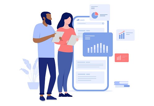 Man and woman working and analysing graphs, diagram and abstract financial data. Flat design vector illustration with white background