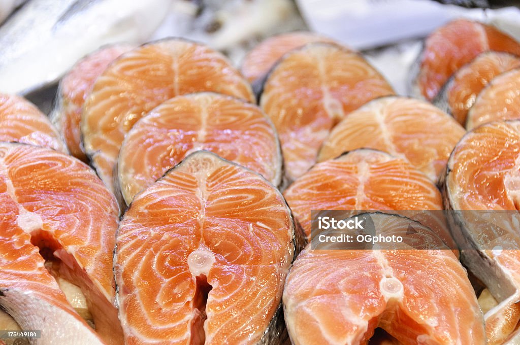 Salmon steaks at a counter Checkout Stock Photo