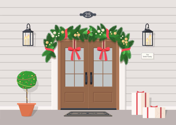 ilustrações de stock, clip art, desenhos animados e ícones de cute double front door with christmas decoration, garland, street lanterns, gifts and plant - doormat door christmas holiday