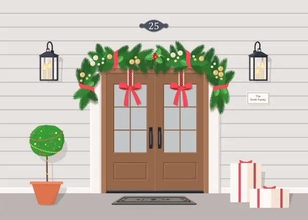 Vector illustration of Cute double front door with Christmas decoration, garland, street lanterns, gifts and plant