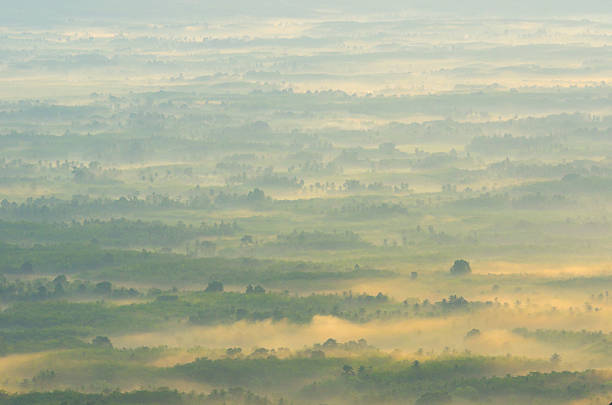 Beautiful sunrise at misty morning mountains .