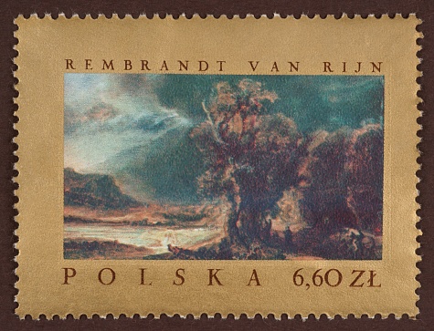 Postage stamp, Rembrandt Van Rijn, landscape