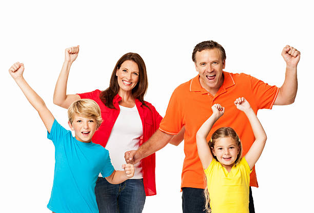 Portrait of beautiful mixed race family standing together on white background