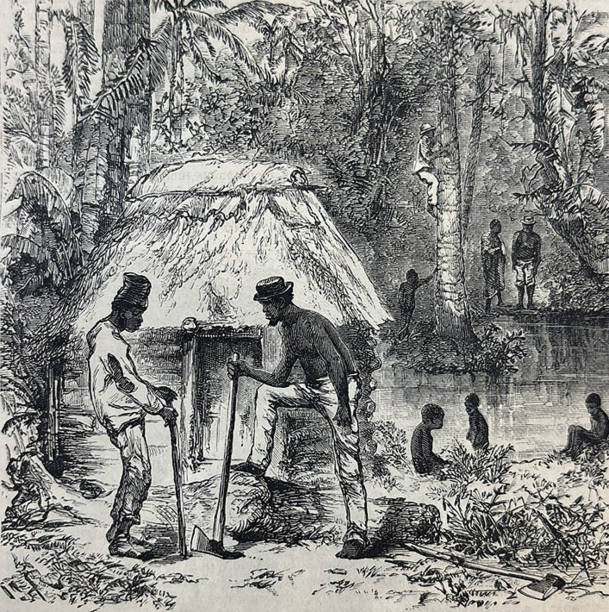 istock Antique illustration - black men in front of a hut in Cuba 1754503618