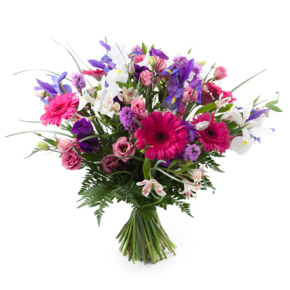 Bouquet of delphinium,roses and transvaal daisy isolated on a white background.