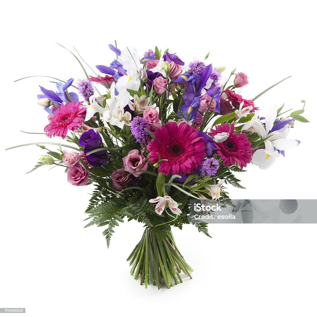 Pink and purple bouquet "Pink, purple and white flowers bouquet. Gerbera, Alstroemeria, Lisianthus, Iris and Liatris." Bunch of Flowers Stock Photo