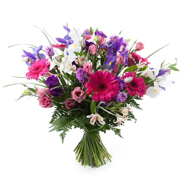 "Pink, purple and white flowers bouquet. Gerbera, Alstroemeria, Lisianthus, Iris and Liatris."