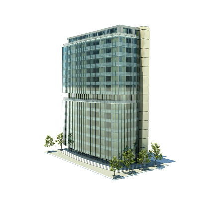 High detailed architectural rendering of an office building with green trees and glass surfaces on a white background.