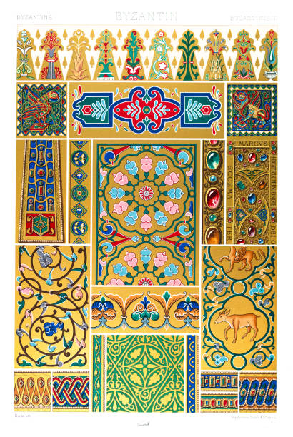 Antique Byzantine Empire pattern Manuscripts Decoration by Racinet - Lithograph Polychromatic ornament Racinet, A.
H. Sotheran and Co, London, 1877 byzantine pattern stock illustrations