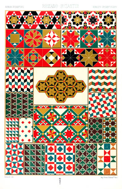 Antique Roman Byzantine Empire pattern Manuscripts Decoration by Racinet - Lithograph Polychromatic ornament Racinet, A.
H. Sotheran and Co, London, 1877 byzantine pattern stock illustrations