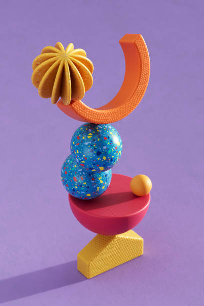 3D Abstract Composition of Balancing Multicoloured Geometric Shapes