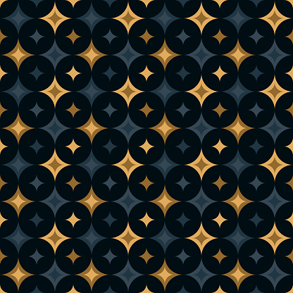 Retro style seamless Christmas pattern. Black, grey and gold abstract stars repeat. Mid-Century style pattern.