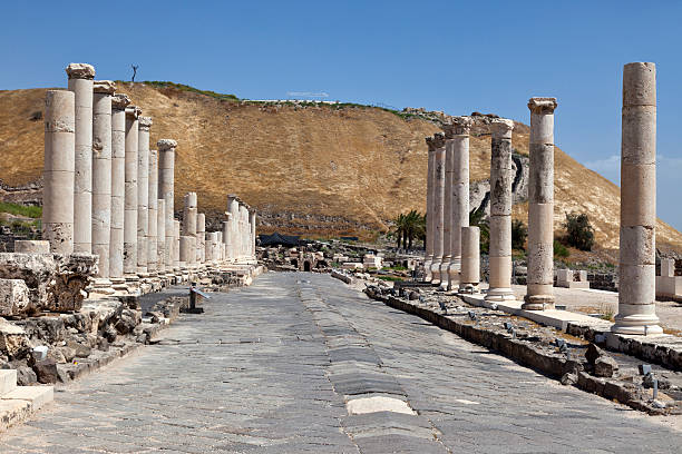 Beit Shean National Park Beit Shean is one of the oldest settled sites in Israel. In biblical times the bodies of Saul and his sons were nailed to the city walls by the Philistines. This image shows one of the main city streets. beit she'an stock pictures, royalty-free photos & images