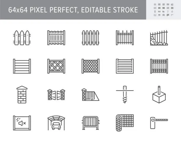 Vector illustration of Fence types line icons. Vector illustration include icon - chainlink, wood, blinds panels, masonry, artistic forging metal gates outline pictogram for guardrail. 64x64 Pixel Perfect, Editable Stroke