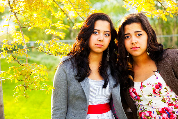 Two Caucasian sisters giving each other a hug and looking at the camera. One has long hair, blue eyes, earring, a pink shirt, skirt and grey sweater. The other is brown haired, blue eyed, long brown hair, blue hair ribbon, white sweater and blue dress.