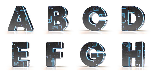 3D rendering collection of alphabet letters suitable for technology, electronics, engineering, digital, gaming, science fiction and robotic concepts.